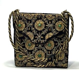 Vintage Indian Handmade Jades Embellished With Metallic Gold Details Purse